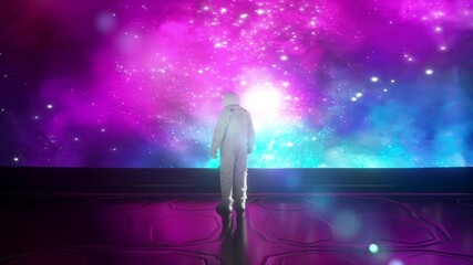 Wall Mural - astronaut in futuristic space corridor, view of the beautiful stars