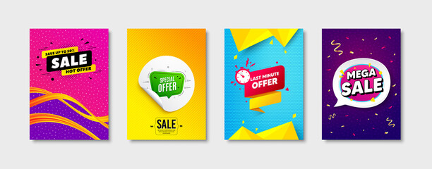 Sale banners and promo posters. Last minute offer, promotion flyer, discount voucher template. Hot offer brochure, mega sale flyer with confetti. Special offer signage sticker. Vector promo banners.