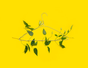 one iron clothes hanger braided with liana on a yellow background