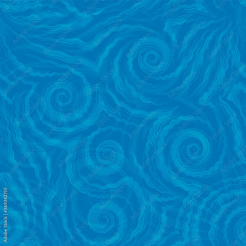 Vector seamless pattern of blue spirals of lines and corners on a blue ...