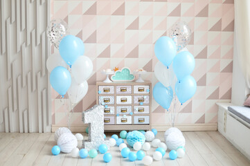 Wall Mural - Birthday party decoration with balloons and cakes