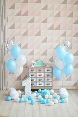 Wall Mural - Birthday party decoration with balloons and cakes