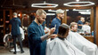 © Svitlana - Great day in modern barbershop. Professional cheeful barber cutting long hair of young man, serving client. Side view. Focus on hairdresser and young guy