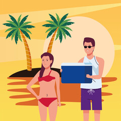 Canvas Print - young couple wearing swimsuits with fridge box on the beach scene