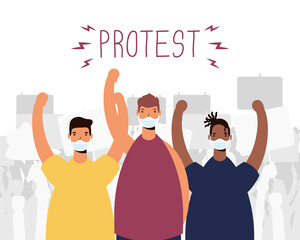 Poster - interracial men wearing medical masks protesting