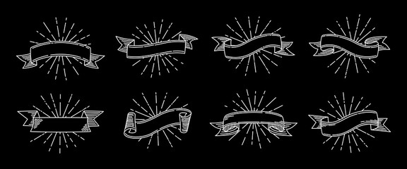 Wall Mural - ribbon hand drawn set. old vintage blank tape banners drawing in engraving style and light rays, sun