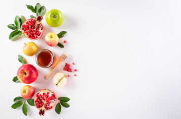 Rosh hashanah (jewish New Year holiday), Concept of traditional or religion symbols on white background.