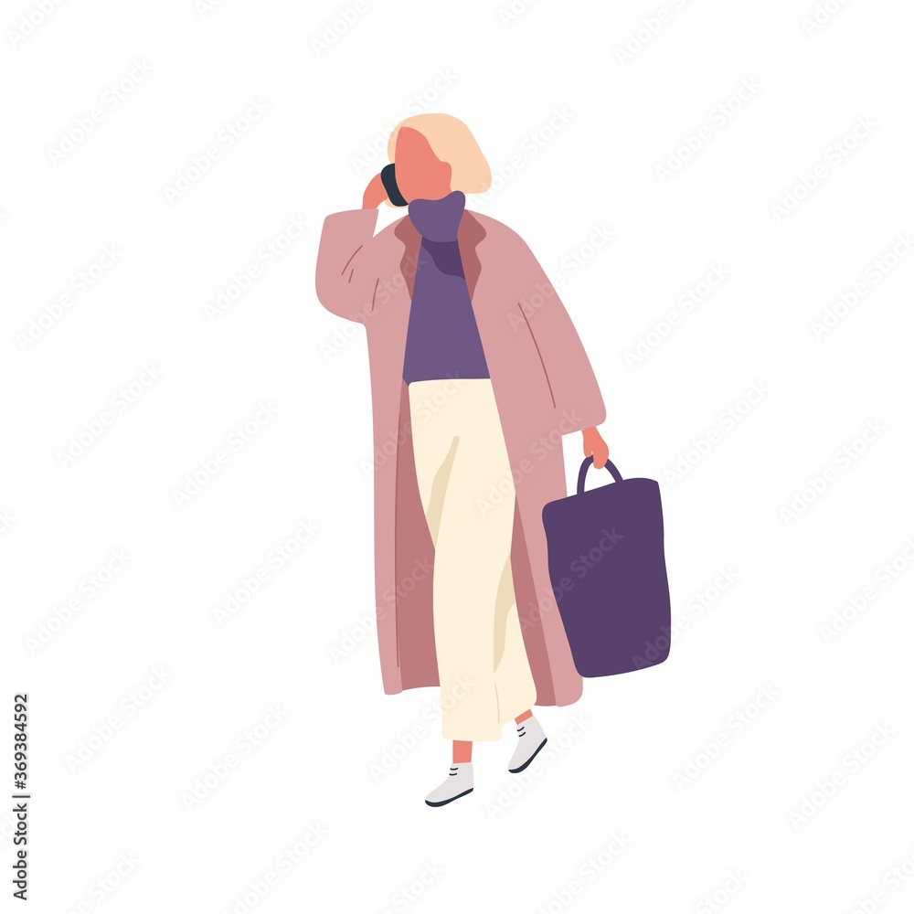 Busy fashion female talking smartphone carry handbag vector flat illustration. Woman in trendy outfit walking outdoor use mobile isolated on white. Girl in warm coat going on street at spring season - obrazy, fototapety, plakaty 
