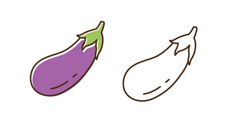 Wall Mural - Fresh eggplant colorful and monochrome set vector flat illustration. Farm vegetarian dietary raw food icon isolated on white background. Cute tasty edible plant in line art style