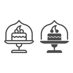Poster - Dish with glass top and cake line and solid icon, bakery concept, cake stand with dessert sign on white background, cupcake in glass container icon in outline style for mobile, web. Vector graphics.