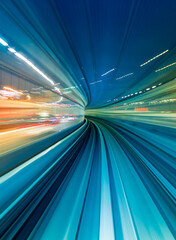 Canvas Print - Abstract high speed technology POV train motion blurred concept from the Yuikamome monorail in Tokyo, Japan