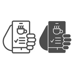 Poster - Hand holds smartphone with coffee cup on screen line and solid icon, Coffee time concept, invitation message for coffee break sign on white background, online cafe menu icon in outline style. Vector.
