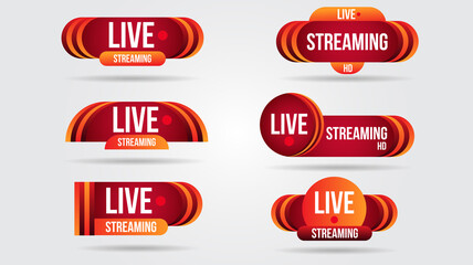 Wall Mural - Set of live video streaming icons logo tv news banner interface.Red symbols lower third template broadcast.Red set of media labels on transparent background.