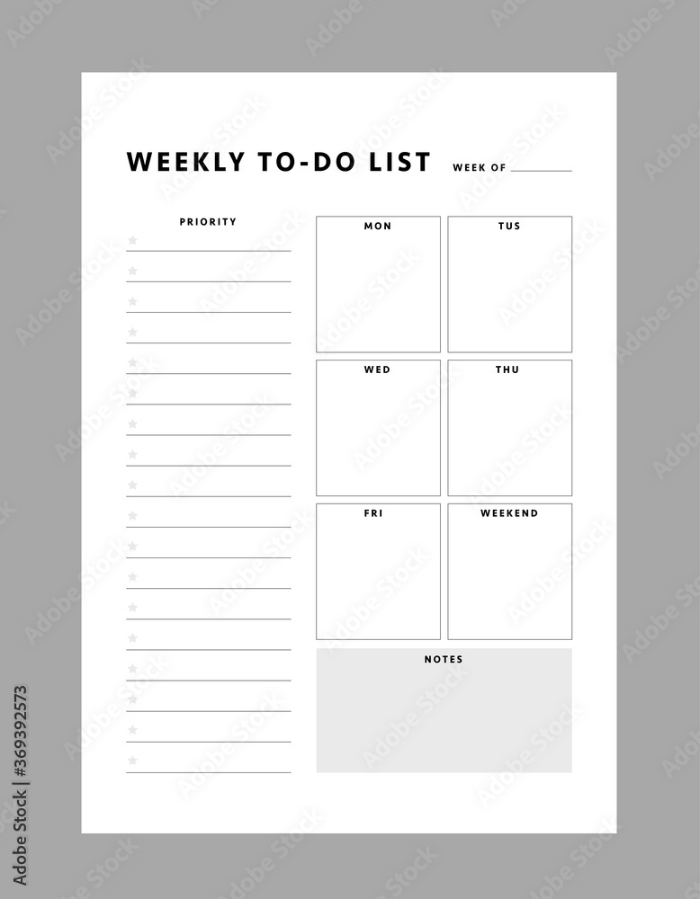 Weekly to-do list template. Clear and simple printable to do list. Business organizer page. Paper sheet. Realistic vector illustration. - obrazy, fototapety, plakaty 