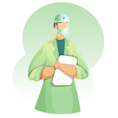 Wall Mural - Faceless Doctor Man Wear PPE Kit  with Report on Green and White Background.