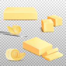 Realistic Whole And Sliced Butter Set Isolated On Transparent Background