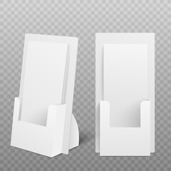 White cardboard display mockup with paper information leaflets inside.
