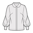 © Vectoressa - Long bishop sleeve shirt technical fashion illustration with round collar, front button-fastening, loose silhouette. Flat blouse apparel template front, grey color. Women, men unisex top CAD mockup