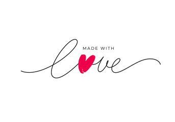 made with love lettering with heart symbol. hand drawn black line calligraphy. ink vector inscriptio