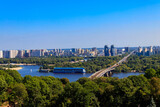 Fototapeta Niebo - Aerial view of Metro bridge and the Dnieper river in Kiev, Ukraine. Kyiv cityscape
