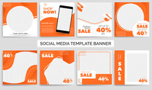 Set Of Editable Minimal Square Banner Template. Orange And White Background Color With Shape. Suitable For Social Media Post And Web Ads. Modern Promotion Square Banner. Eps 10