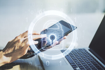 Poster - Creative lock illustration with microcircuit and finger presses on a digital tablet on background, cyber security concept. Multiexposure