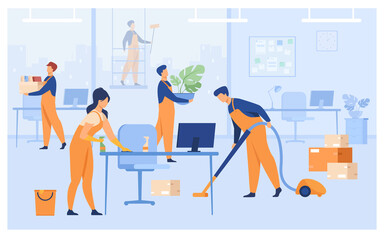 Sticker - Professional janitors working in office isolated flat vector illustration. Cartoon cleaning team washing, holding stuff, removing dust, using vacuum cleaner. Clean service and hygiene concept