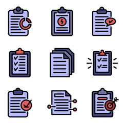 Poster - Summary icons set. Outline set of summary vector icons thin line color flat on white
