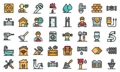 Poster - Repairman icons set. Outline set of repairman vector icons thin line color flat on white