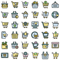 Poster - Cart supermarket icons set. Outline set of cart supermarket vector icons thin line color flat on white