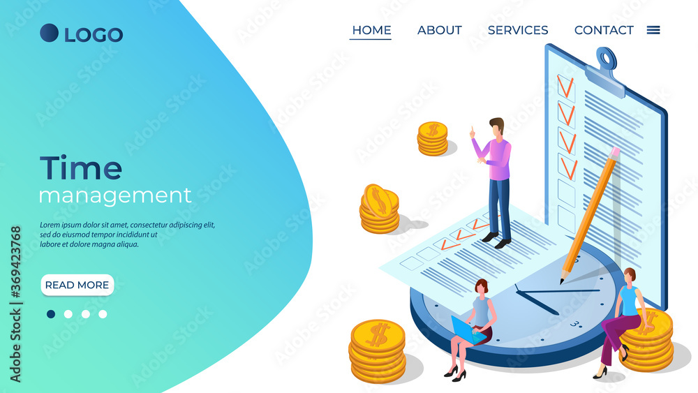 Time-management.The concept of effective control of time and effort.Planning of the workflow.The template of the landing page.Isometric illustration.