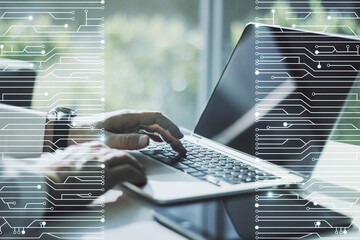 Poster - Creative abstract micro chip hologram and hands typing on computer keyboard on background, artificial intelligence and machine learning concept. Multi exposure
