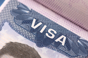 Canvas Print - Close up of text VISA on USA visa stamp in passport