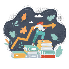 Wall Mural - Vector illustration of picture of smiling woman student go on stack of books