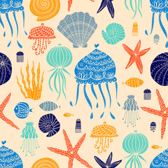 Wall Mural -  Cute seamless pattern with jellyfish, shells, fish, starfish and algae.