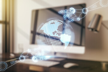 Aufkleber - Creative concept of robotics technology with globe sketch on modern laptop background. Robot development and automation concept. Multiexposure
