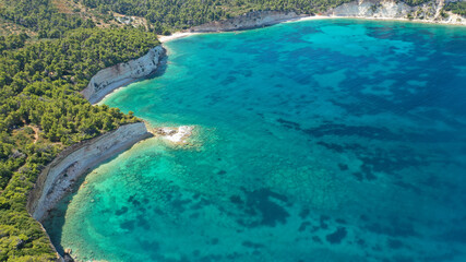 Wall Mural - Aerial drone panoramic photo of secluded paradise beach and bay of Spartines with crystal clear turquoise sea, Alonissos island, Sporades, Greece 