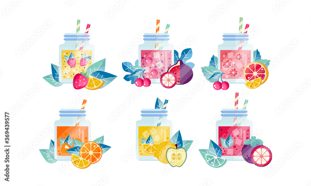 Fruit Smoothie Drinks Set, Nutritious Fresh Healthy Detox Beverages Vector Illustration - obrazy, fototapety, plakaty 