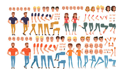 Wall Mural - Male and Female Characters Creation Set, People Constructor with Various Views, Face Emotions, Poses Cartoon Style Vector Illustration