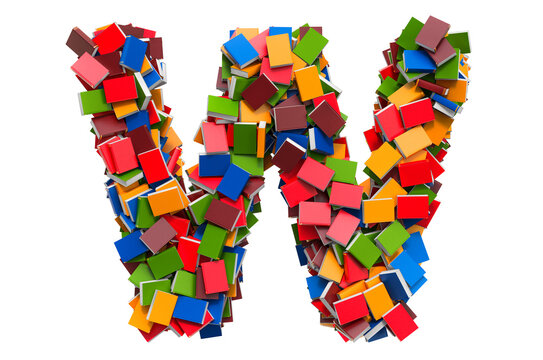 Letter W from colored books. 3D rendering