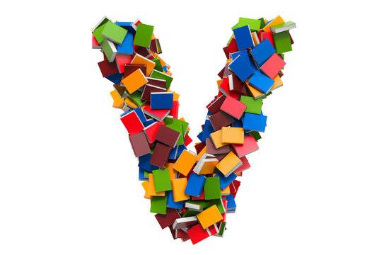 Letter V from colored books. 3D rendering