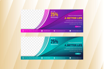Poster - horizontal banner for health management a better life company use purple and blue gradient colors. rounded space for photo on left side. transparency line pattern. 