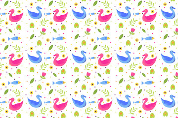 Poster - Seamless cute pattern with ducks, flower, leaf and plants use white background.  vector illustration design in horizontal layout