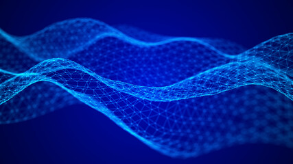 Poster - Digital dynamic wave of particles. Abstract blue futuristic background. Big data visualization. 3D rendering.