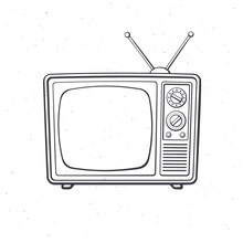 Analogue Retro TV With Antenna, Channel And Signal Selector. Outline. Vector Illustration. Television Box For News And Show Translation. Hand Drawn Sketch. Isolated White Background