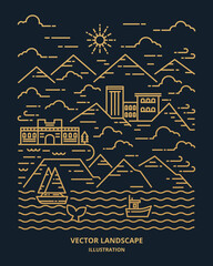 Wall Mural - Landscape in modern flat line vector. Thin line landscape with mountain, ocean, building, clouds, sun, boat, whale. Vector illustration. 