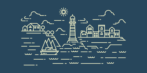 Wall Mural - Landscape in modern flat line vector. Thin line landscape with mountain, ocean, building, house, lighthouse, clouds, sun, boat. Vector illustration. 