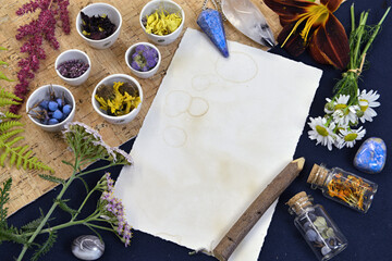 Poster - Mystic still life with old paper with blankm ingredient for elixir and herbs on witch table, alternative medicine conept