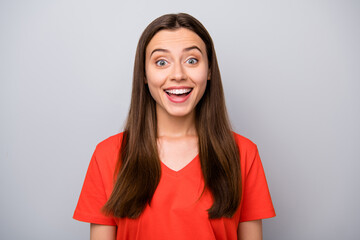 Sticker - Close-up portrait of her she nice-looking attractive lovely cute winsome delighted glad cheerful cheery straight-haired girl great news isolated over light gray pastel color background