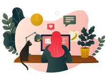 Working From Home - A Woman Working At Her Desk At Home With A Cat And Plants. Modern Vector Illustration Concept Of The Home Office.